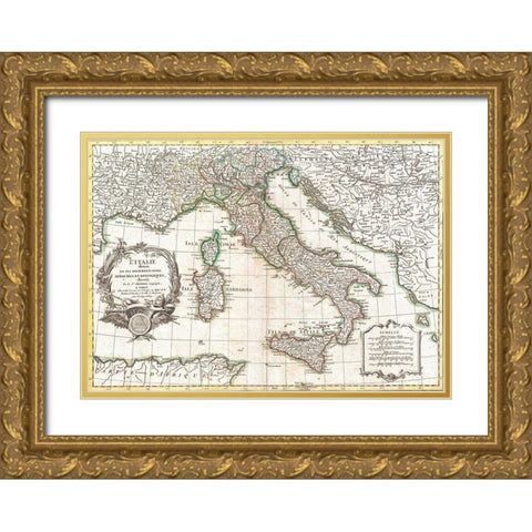 Map of Italy, 1770 Gold Ornate Wood Framed Art Print with Double Matting by Robert, Janvier
