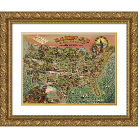 Game board with map of America, 1890 Gold Ornate Wood Framed Art Print with Double Matting by Anonymous