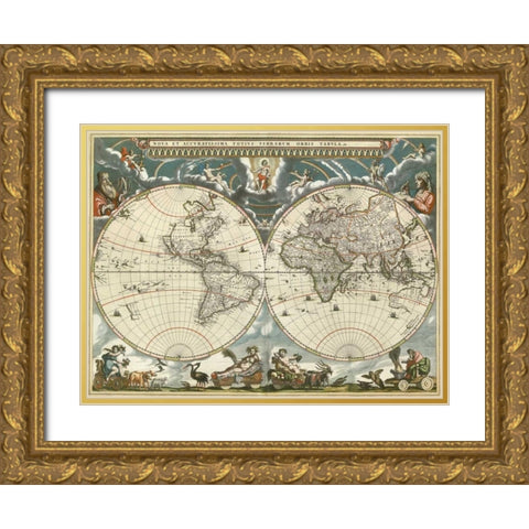 Nova et accuratissima totius terrarum orbis tabula 1664 Gold Ornate Wood Framed Art Print with Double Matting by Blaeu, Jan