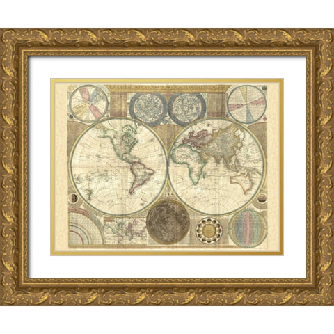 Double hemisphere map of the world 1794 Gold Ornate Wood Framed Art Print with Double Matting by Dunn, Samuel