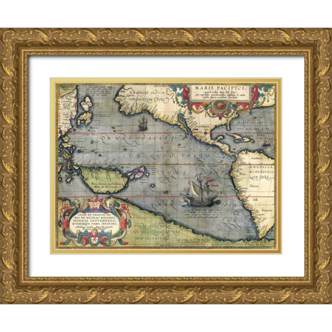 Map of the Pacific Ocean, 1589 Gold Ornate Wood Framed Art Print with Double Matting by Ortelius, Abraham