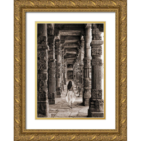 At the Temple-India (BW) Gold Ornate Wood Framed Art Print with Double Matting by Moreau, Marc