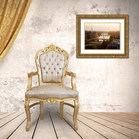 Bridges over the Seine river, Paris Gold Ornate Wood Framed Art Print with Double Matting by Setboun, Michel