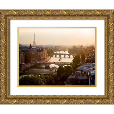 Bridges over the Seine river, Paris Gold Ornate Wood Framed Art Print with Double Matting by Setboun, Michel