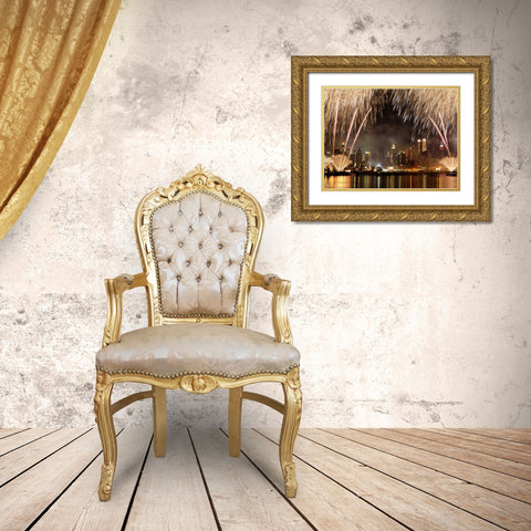 Fireworks on Manhattan, NYC Gold Ornate Wood Framed Art Print with Double Matting by Setboun, Michel