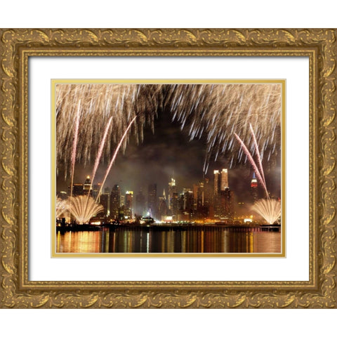 Fireworks on Manhattan, NYC Gold Ornate Wood Framed Art Print with Double Matting by Setboun, Michel