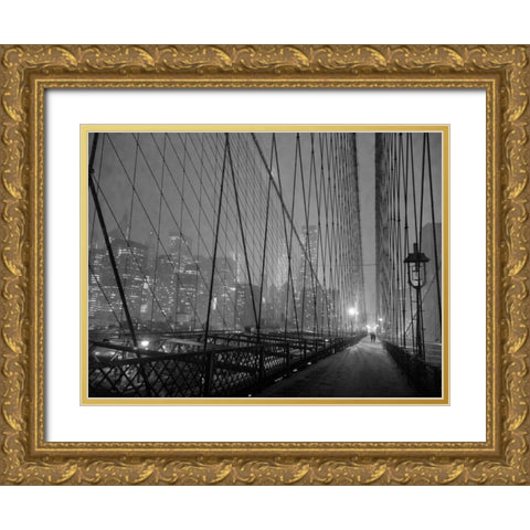 On Brooklyn Bridge by night, NYC Gold Ornate Wood Framed Art Print with Double Matting by Setboun, Michel