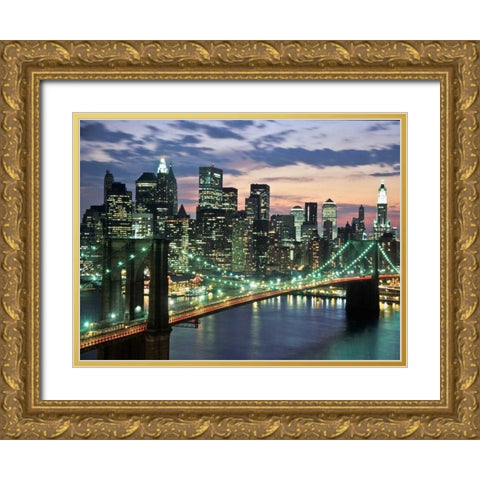 Brookyn bridge and Downtown skyline, NYC Gold Ornate Wood Framed Art Print with Double Matting by Setboun, Michel