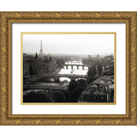 Bridges over the Seine river, Paris Gold Ornate Wood Framed Art Print with Double Matting by Setboun, Michel