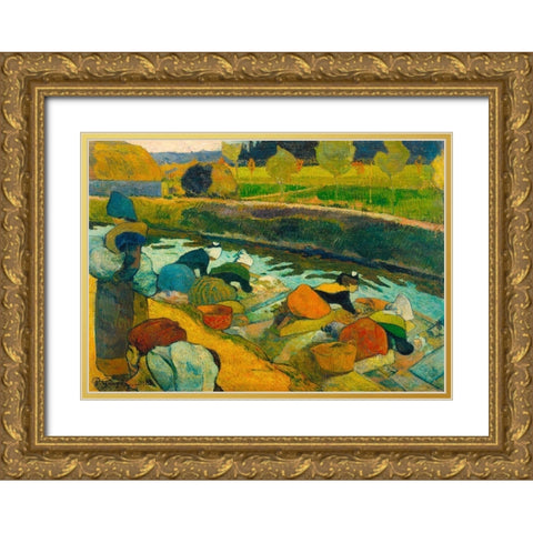 Washerwomen Gold Ornate Wood Framed Art Print with Double Matting by Gauguin, Paul