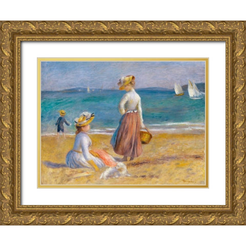 Figures on the Beach Gold Ornate Wood Framed Art Print with Double Matting by Renoir, Pierre-Auguste