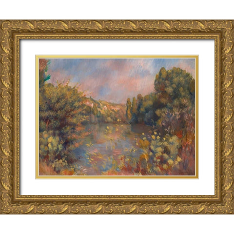 Lakeside Landscape Gold Ornate Wood Framed Art Print with Double Matting by Renoir, Pierre-Auguste