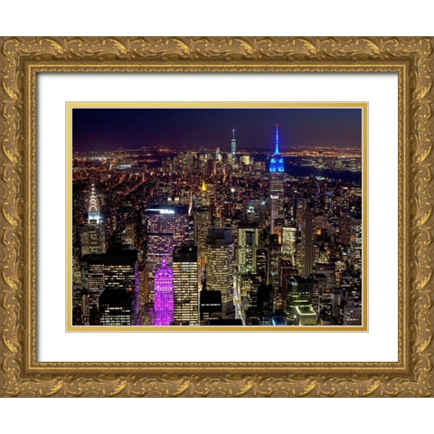Midtown and Lower Manhattan at night Gold Ornate Wood Framed Art Print with Double Matting by Berenholtz, Richard