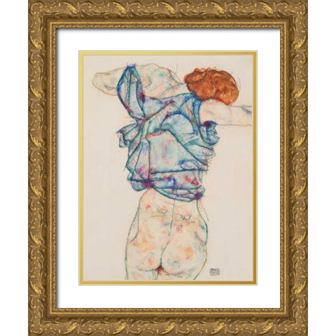 Woman Undressing Gold Ornate Wood Framed Art Print with Double Matting by Schiele, Egon