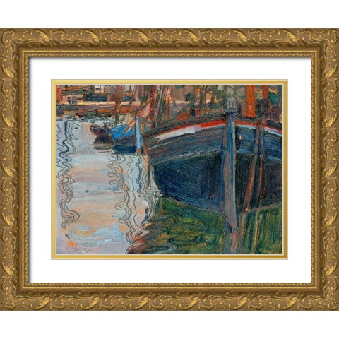 Boats mirrored in the Water Gold Ornate Wood Framed Art Print with Double Matting by Schiele , Egon