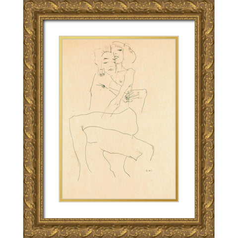 Couple Embracing Gold Ornate Wood Framed Art Print with Double Matting by Schiele, Egon