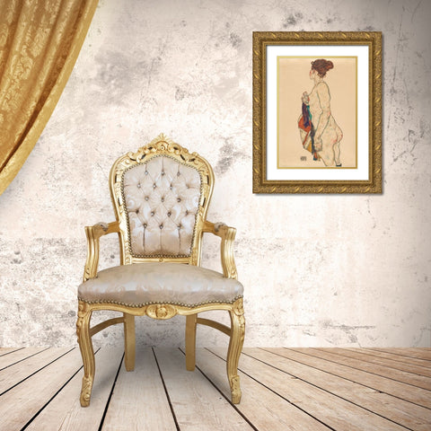 Standing Nude with a Patterned Robe Gold Ornate Wood Framed Art Print with Double Matting by Schiele, Egon