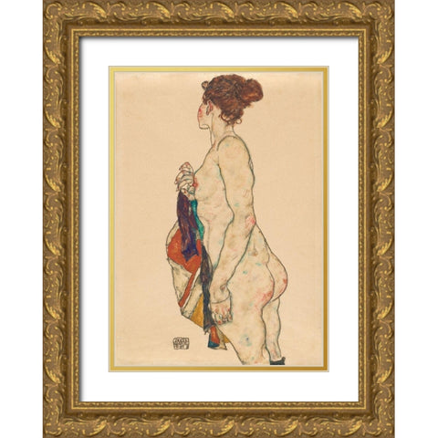 Standing Nude with a Patterned Robe Gold Ornate Wood Framed Art Print with Double Matting by Schiele, Egon
