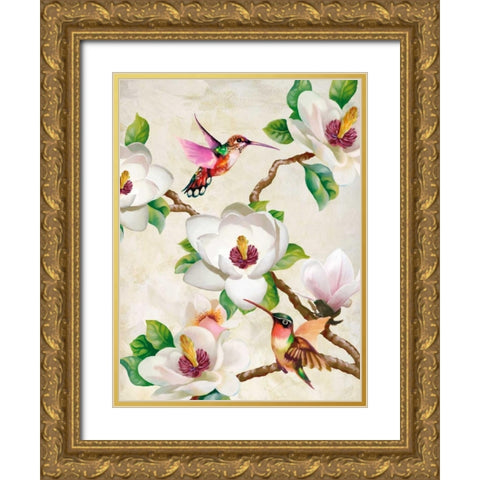 Magnolia and Humming Birds Gold Ornate Wood Framed Art Print with Double Matting by Wang, Terry