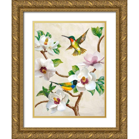 Magnolia and Birds Gold Ornate Wood Framed Art Print with Double Matting by Wang, Terry