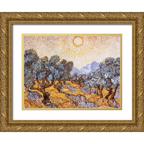 The Olive Trees Gold Ornate Wood Framed Art Print with Double Matting by Van Gogh, Vincent