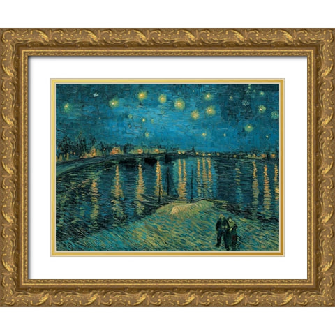 The Starry Night Gold Ornate Wood Framed Art Print with Double Matting by Van Gogh, Vincent