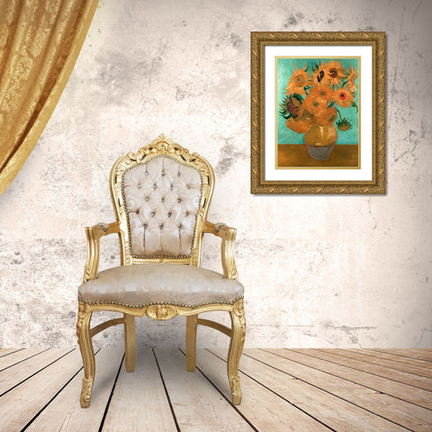 Sunflowers Gold Ornate Wood Framed Art Print with Double Matting by van Gogh, Vincent