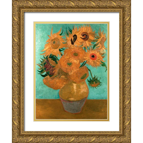 Sunflowers Gold Ornate Wood Framed Art Print with Double Matting by van Gogh, Vincent
