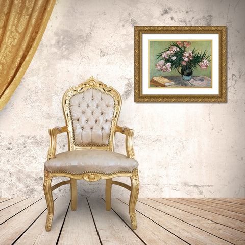 Vase with Oleanders and Books Gold Ornate Wood Framed Art Print with Double Matting by van Gogh, Vincent