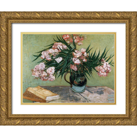 Vase with Oleanders and Books Gold Ornate Wood Framed Art Print with Double Matting by van Gogh, Vincent