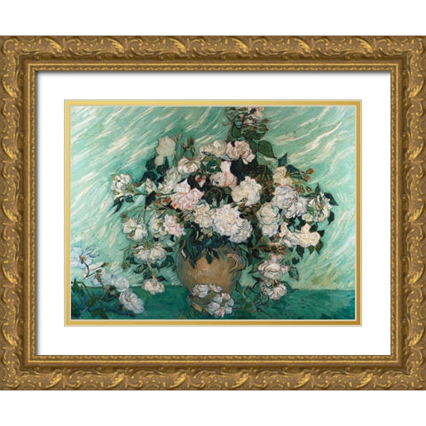 Roses Gold Ornate Wood Framed Art Print with Double Matting by Van Gogh, Vincent