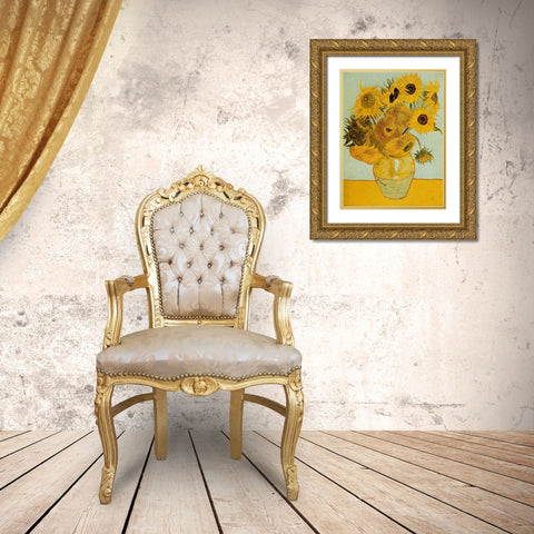Sunflowers Gold Ornate Wood Framed Art Print with Double Matting by Van Gogh, Vincent