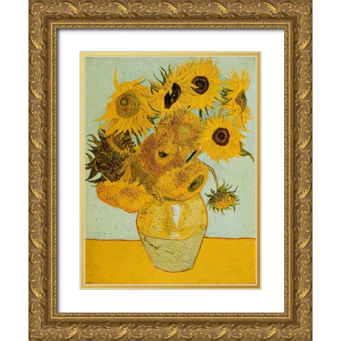 Sunflowers Gold Ornate Wood Framed Art Print with Double Matting by Van Gogh, Vincent