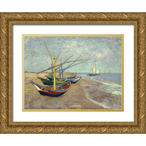 Fishing Boats on the Beach at Les Saintes-Maries-de-la-Mer Gold Ornate Wood Framed Art Print with Double Matting by Van Gogh, Vincent