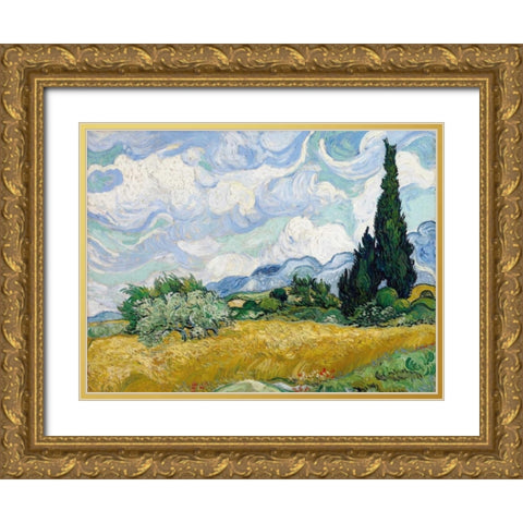 Wheat Field with Cypresses Gold Ornate Wood Framed Art Print with Double Matting by Van Gogh, Vincent