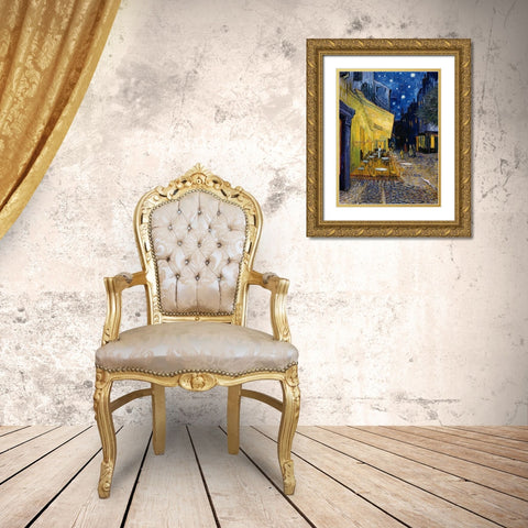 Cafe Terrace at Night Gold Ornate Wood Framed Art Print with Double Matting by Van Gogh, Vincent