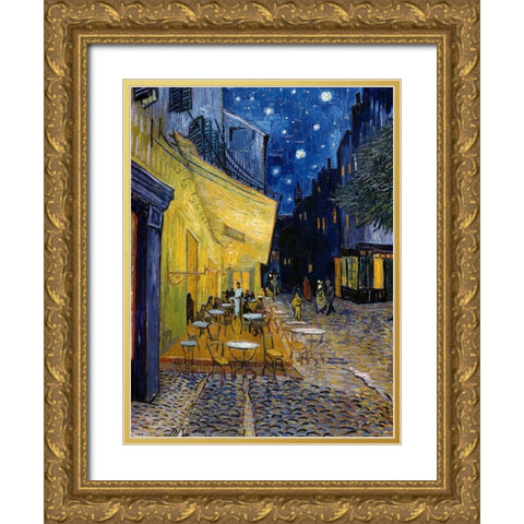 Cafe Terrace at Night Gold Ornate Wood Framed Art Print with Double Matting by Van Gogh, Vincent