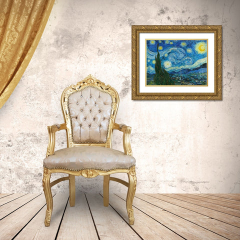 The Starry Night Gold Ornate Wood Framed Art Print with Double Matting by Van Gogh, Vincent