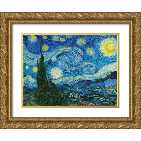 The Starry Night Gold Ornate Wood Framed Art Print with Double Matting by Van Gogh, Vincent