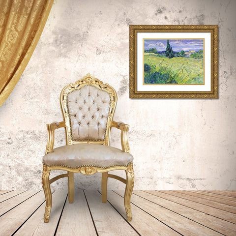 Landscape with Green Corn Gold Ornate Wood Framed Art Print with Double Matting by Van Gogh, Vincent