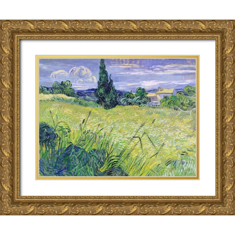Landscape with Green Corn Gold Ornate Wood Framed Art Print with Double Matting by Van Gogh, Vincent