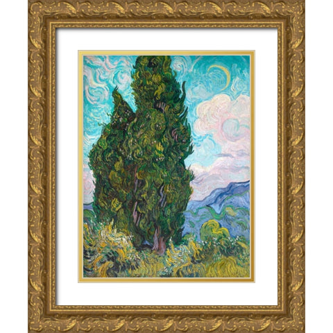 Cypresses Gold Ornate Wood Framed Art Print with Double Matting by Van Gogh, Vincent
