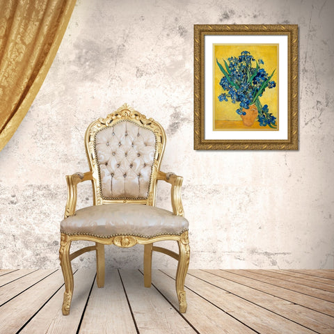 Irises Gold Ornate Wood Framed Art Print with Double Matting by Van Gogh, Vincent