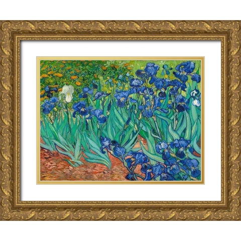 Irises Gold Ornate Wood Framed Art Print with Double Matting by Van Gogh, Vincent