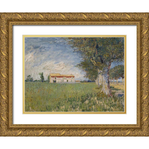Boerderij in een korenveld Gold Ornate Wood Framed Art Print with Double Matting by Van Gogh, Vincent