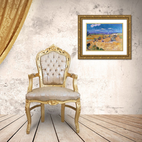 Wheat Fields with Reaper Auvers Gold Ornate Wood Framed Art Print with Double Matting by Van Gogh, Vincent