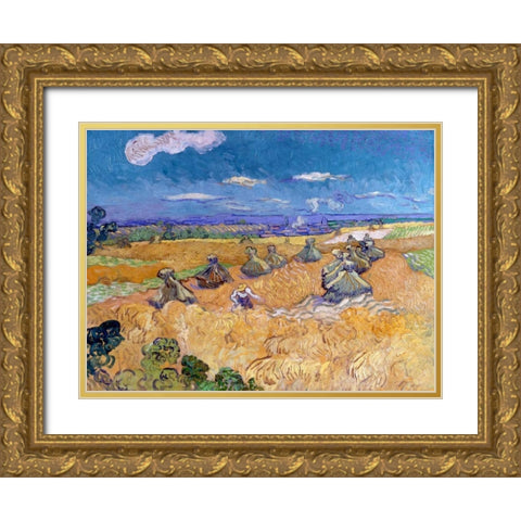 Wheat Fields with Reaper Auvers Gold Ornate Wood Framed Art Print with Double Matting by Van Gogh, Vincent