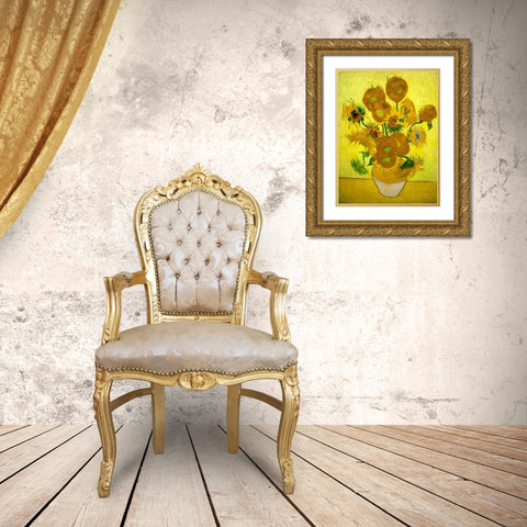 Zonnebloemen Gold Ornate Wood Framed Art Print with Double Matting by Van Gogh, Vincent