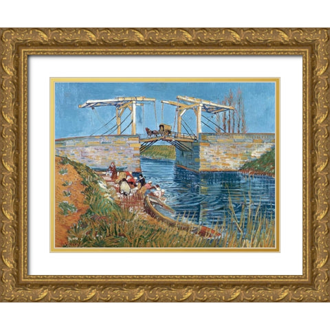Langlois Bridge with women washing Gold Ornate Wood Framed Art Print with Double Matting by van Gogh, Vincent