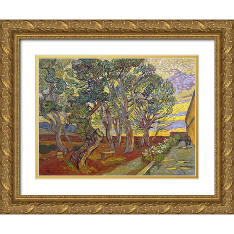 The garden of Saint Pauls Hospital Gold Ornate Wood Framed Art Print with Double Matting by van Gogh, Vincent